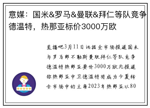 意媒：国米&罗马&曼联&拜仁等队竞争德温特，热那亚标价3000万欧