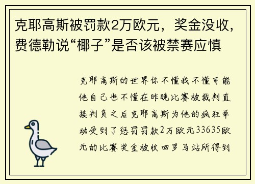 克耶高斯被罚款2万欧元，奖金没收，费德勒说“椰子”是否该被禁赛应慎重